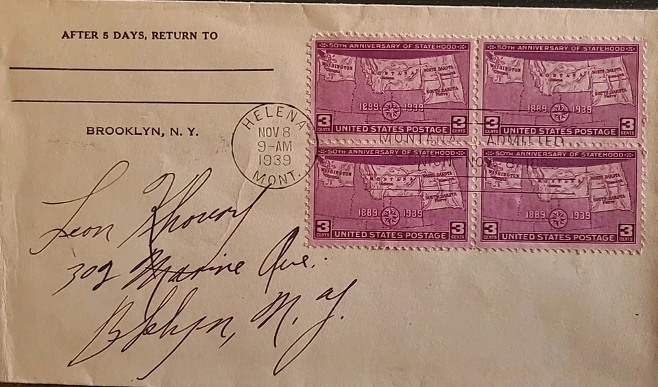 1939 FDC 50th Anniversary Of  WA, MT, ND, SD - 3 Cent Stamps - Image 2 of 4