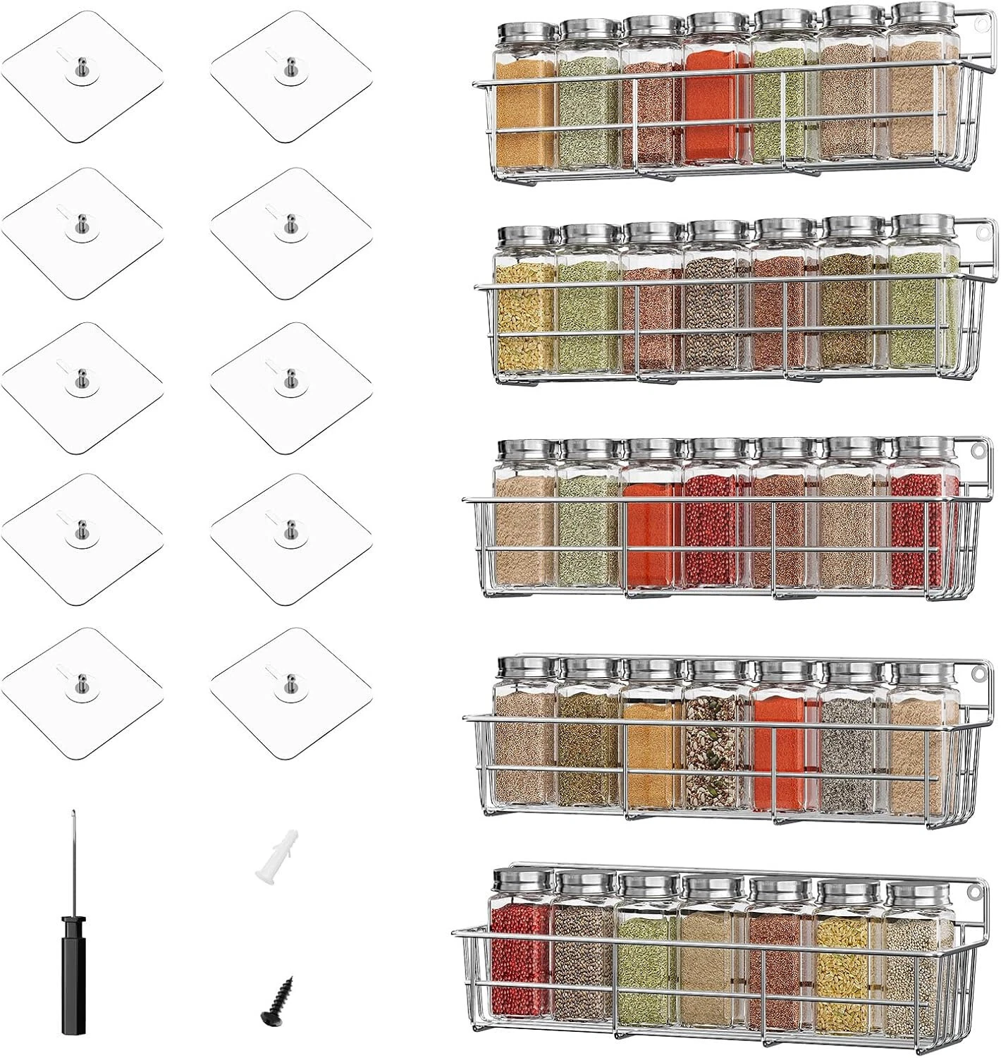 5 Pack Silver Spice Rack Organizer Wall Mount Storage Shelf For Kitchen Cabinet