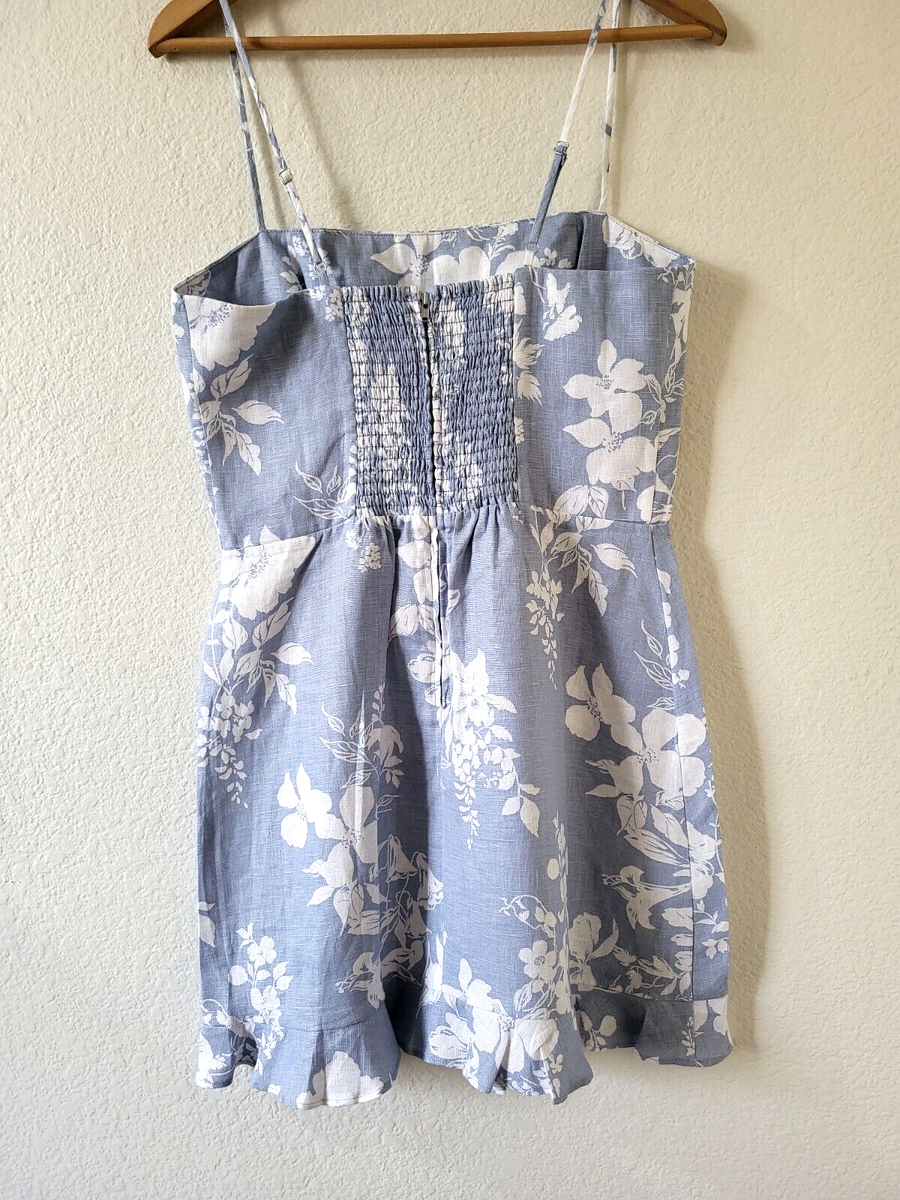 knee length dresses for ladies Reformation Kiernan Ruffle Hem Mini Dress White Floral Print Linen Siz –  Celebrity Owned main image 1