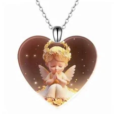 Angel Devout Believer Detail Heart-shaped Pendant Necklace, Religious