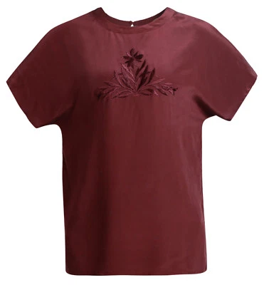 Damen Shirt Kurzarm 100% Seide Dunkel Violet Stickmuster Bestick Blume 140124J - Bild 1 von 4