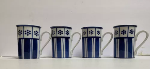4 DANSK MUGS, BLUE FLOWER & STRIPES, PAT. DAN81