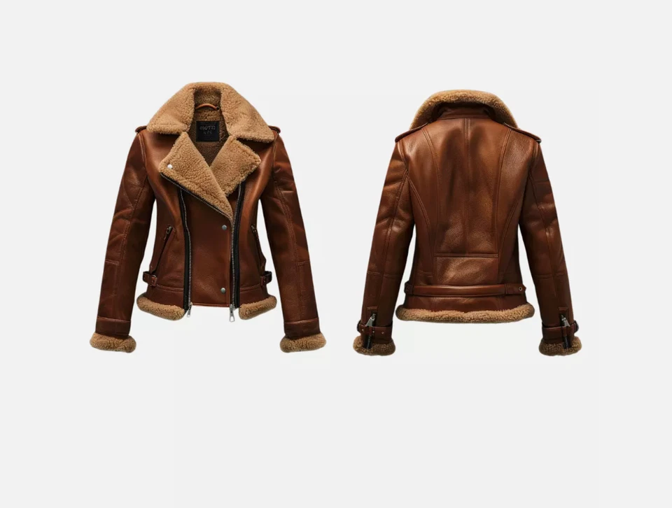 Nueva Chaqueta de Cuero de Oveja Real Forrada de Piel de Oveja Marrón Aviador Para Mujer Premium Foto 3 de 4