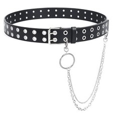 Double Grommet Leather Belt with Detachable Chain for Women MenPunk Black Bel...