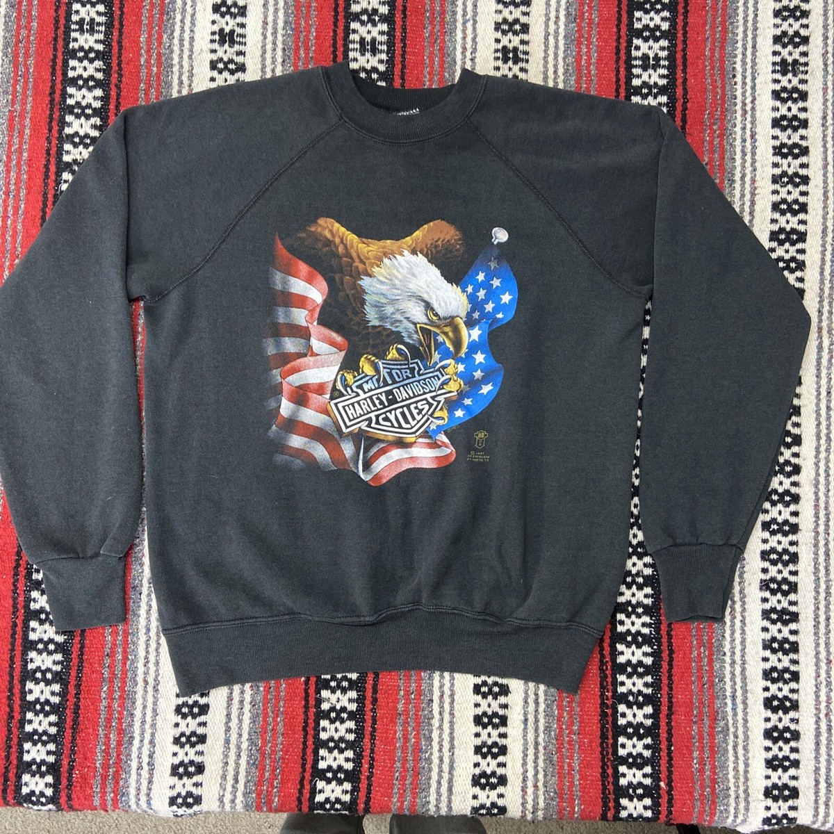 Vtg Harley Davidson 3d Emblem Bald Eagle American Flag Sweatshirt
