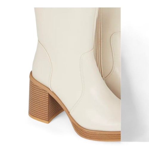 Ladies Heeled Ankle Boots Cream Zip Up Vegan Leather Womens Block Heel Size 3-8 - Picture 8 of 16