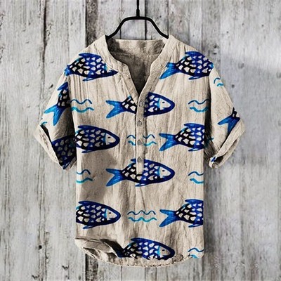 Retro Personalized Printed Casual Short-sleeved Linen Shirt Men's Loose Comforta
