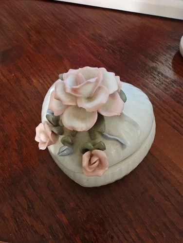 Floral Heart Shaped Trinket Box Rose Luster White Ceramic Jewelry