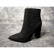 New Women's 7 Black Rhinestone Pointed Toe Chunky Heel Ankle Boots Booties Rouge