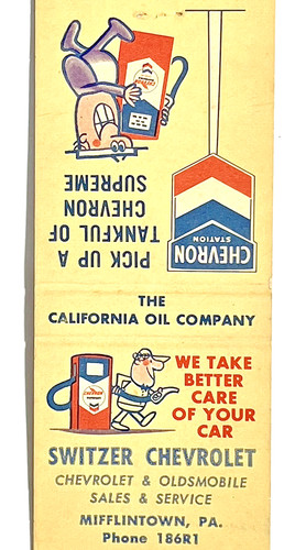 MIFFLINTOWN, PA 1930'S- CHEVRON SUPREME, SWITZER CHEVROLET, CALIFORNIA OIL CO.