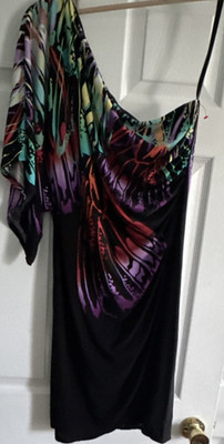 BISOU BISOU Michele Bohbot Black Abstract One Shoulder Sheath Satin Dress 16