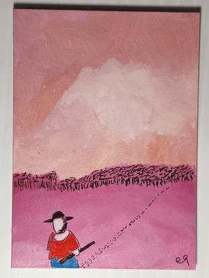 e9Art ACEO man walking on pink beach outsider art brut naive