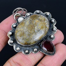 Mesmerising Fossil Coral, Garnet 925 Sterling Silver Jewelry Pendant 2.46"