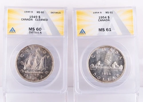 Certified 1949 1954 Canada Silver Dollars $1 ANACS MS60 details & MS61