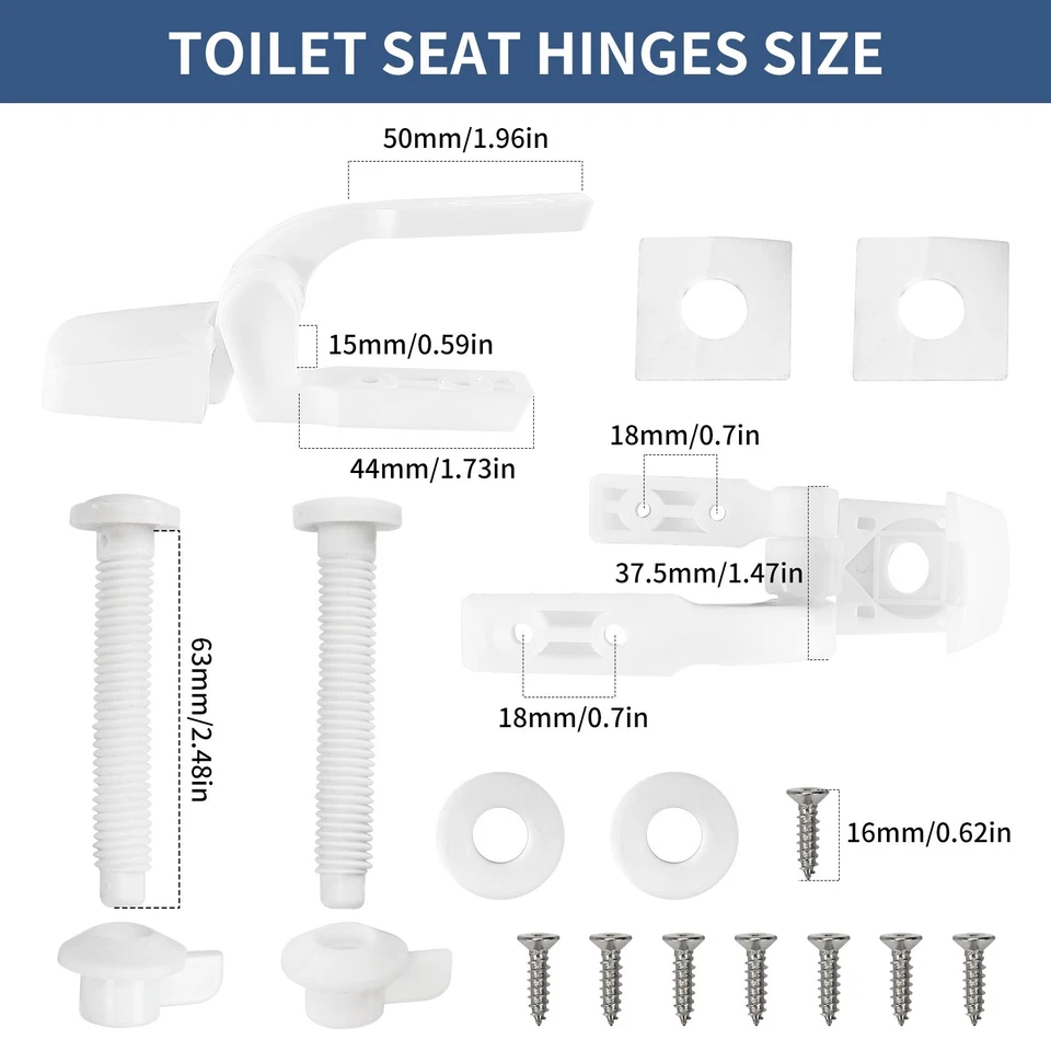 Repuesto universal de bisagra de asiento de inodoro de plástico blanco con pernos tornillos y tuercas Foto 2 de 4