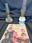 2 ANTIQUE MINI FAIRY BURNER LAMPS, MILK GLASS & PAINTED,CHIMNEYS, PLUS BOOK