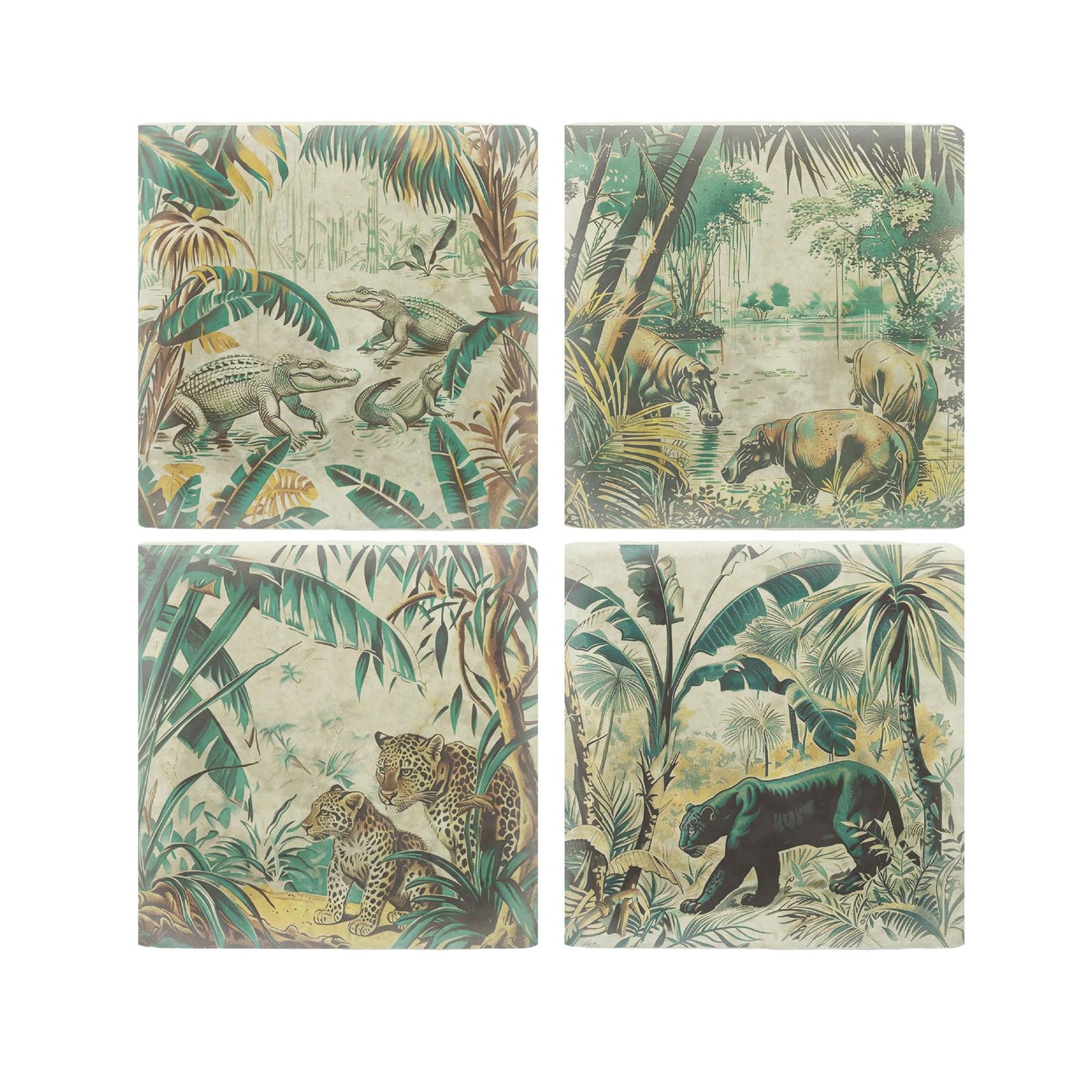 Vintage Jungle Marble Coaster Set - Exotic Animals Square Set of Four Gift