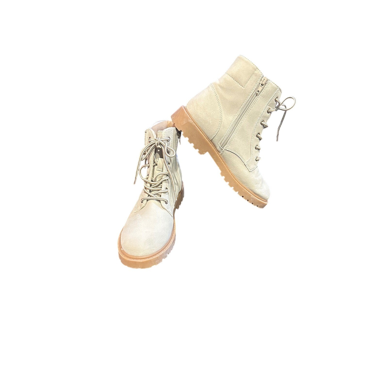Kids Combat Boots Tan Suede Lace Up Side Zip Lug Sole Size 4