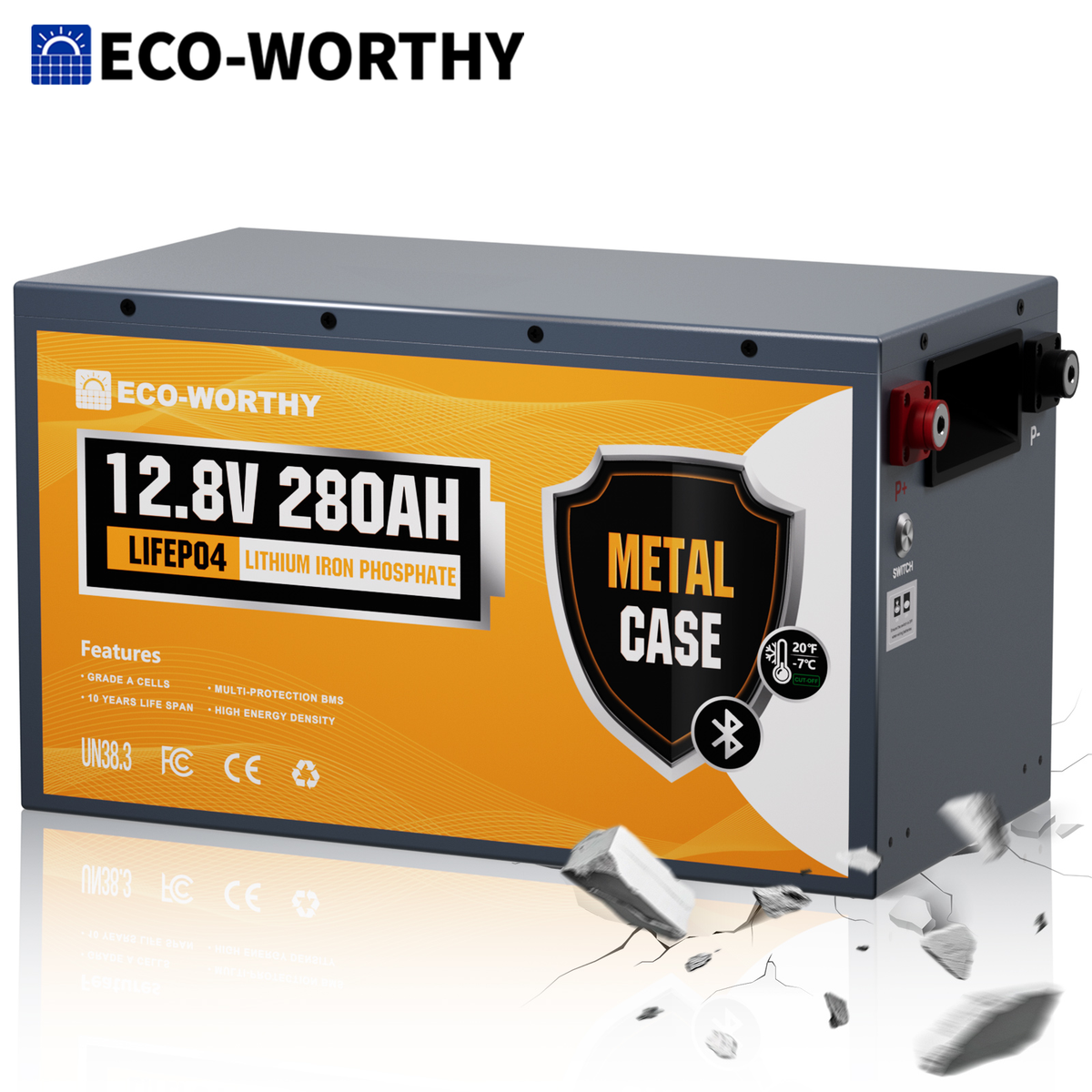 ECO-WORTHY 12V 280Ah 3584Wh Bluetooth Metal Case LiFePO4 Lithium