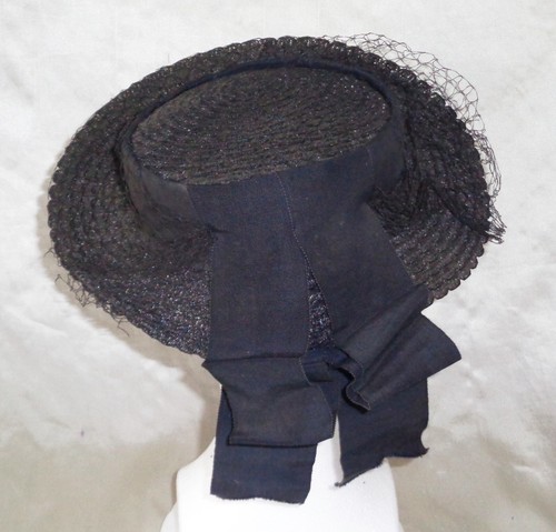 Black Sun Hat with Mesh Veil & Chin Strap Vintage MCM Womens Formal Derby Church - Picture 3 of 5