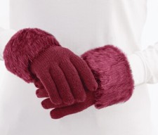 Collections Etc Foxy Faux Fur Trimmed Knit Gloves Burgandy
