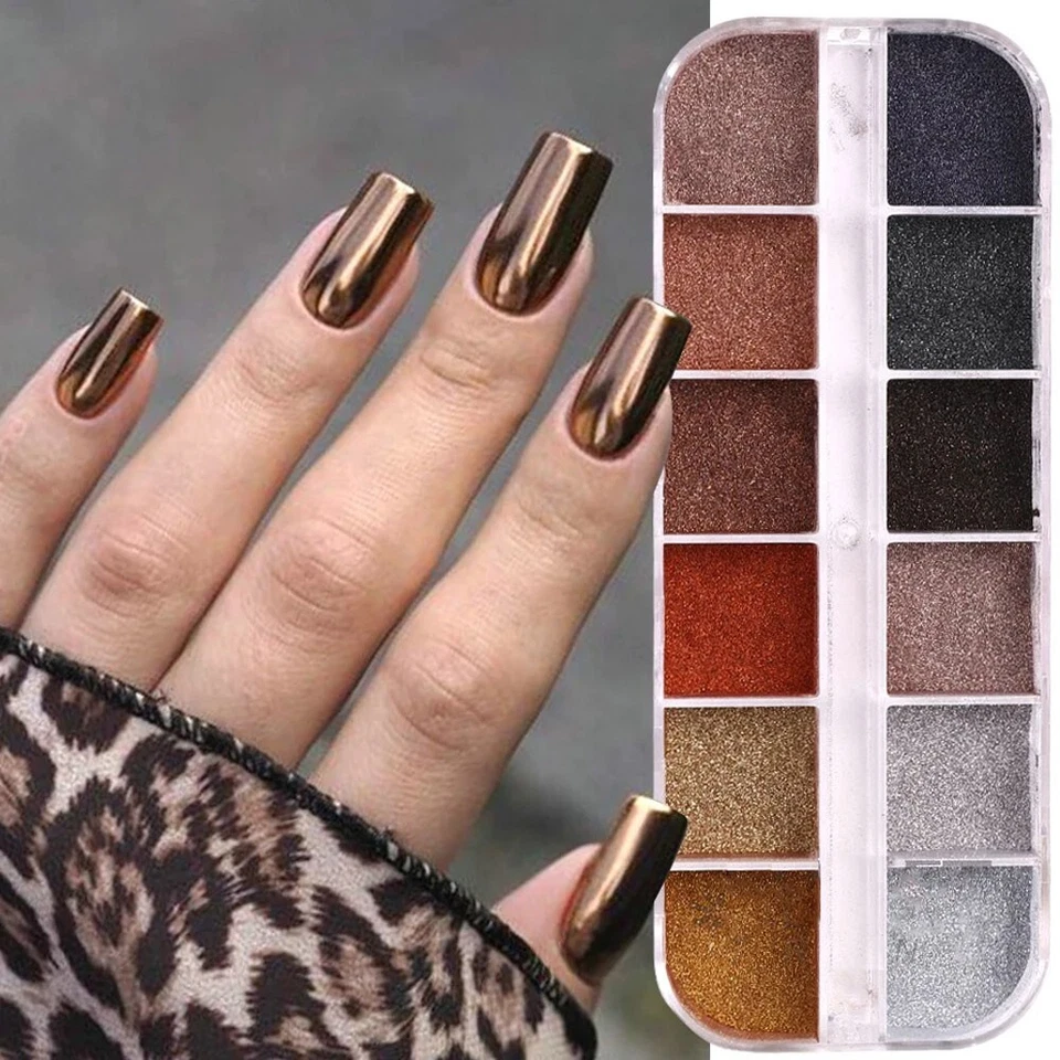 LOVENAILS 12er Chrome Pigment Herbst Nailart Puder Mirror Nails Gelnägel dunkel Autumn