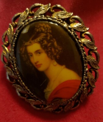 Vintage Unique Cameo 2  Pin Brooch with Painting of Lady In Red Pretty!