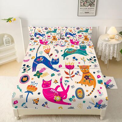 Cat Sheet Set Queen: Cute Cats Bed Sheets Queen Size for Girls Kids Teens 