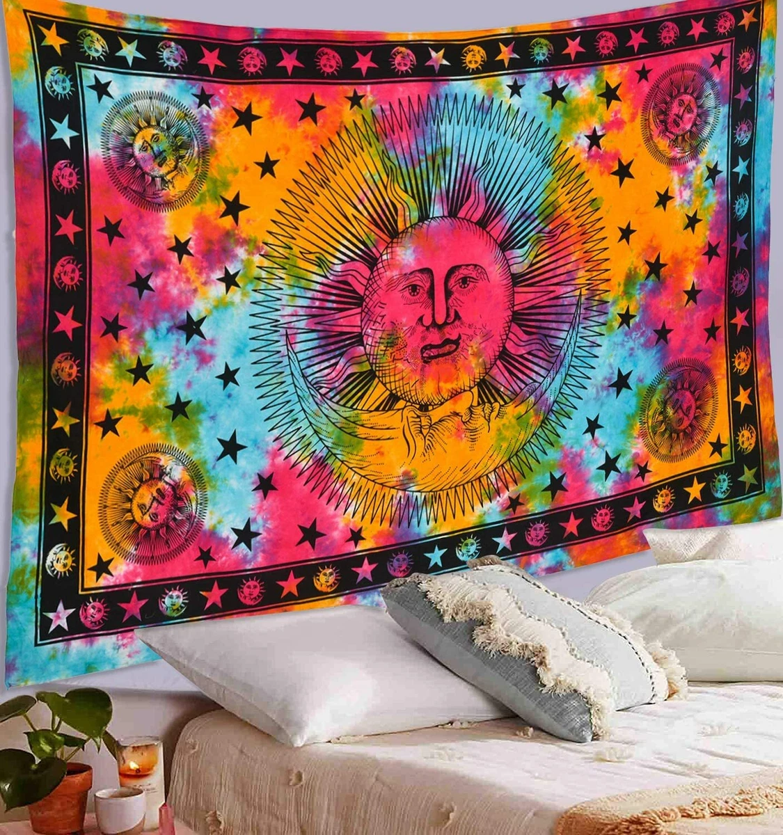 Moon Star Mandala Tie Dye Wall Hanging Beach Blanket Tapestry