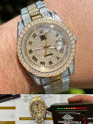 Real 15ct MOISSANITE Mens Presidential Watch Gold Plated Iced Pass Diamond Test