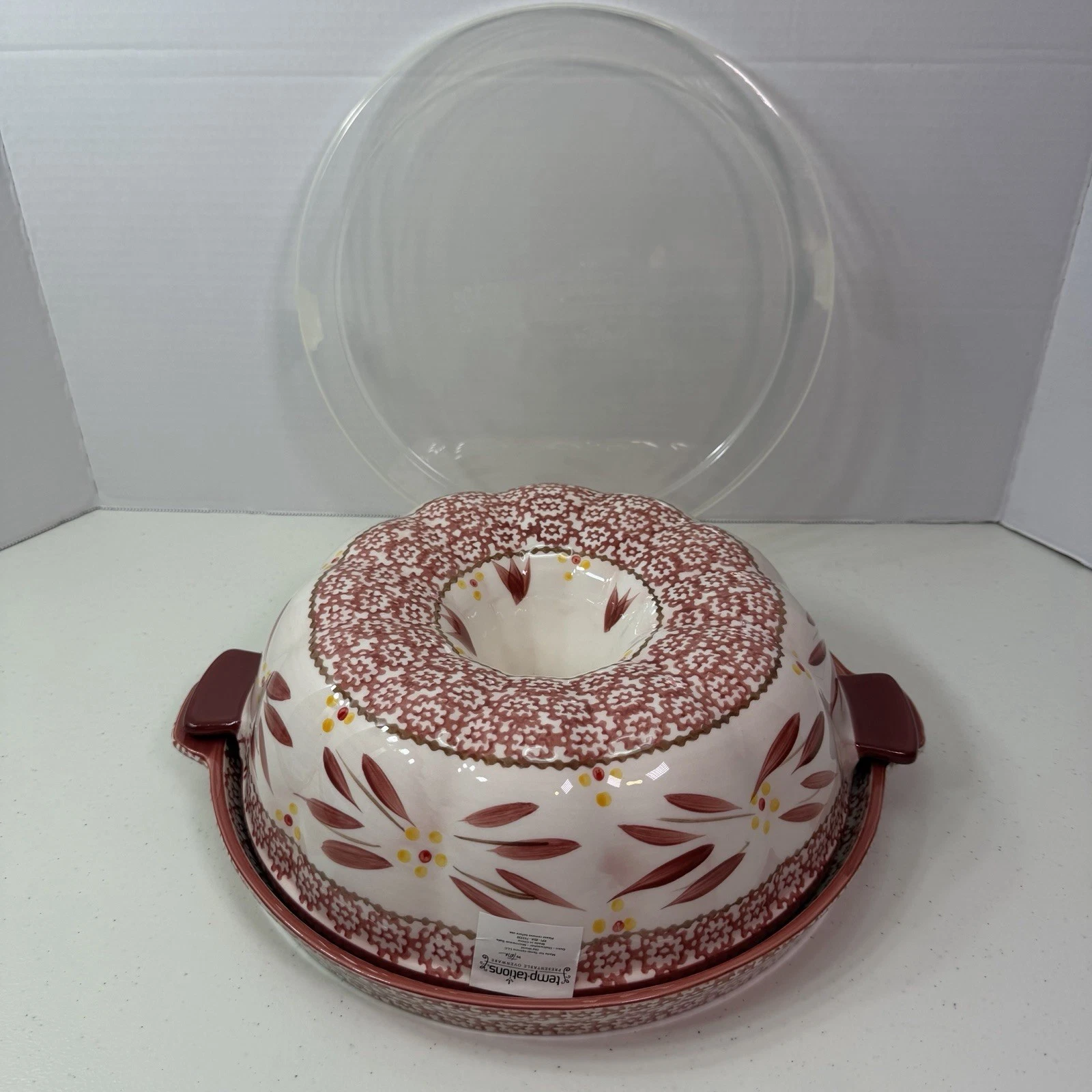 Temp-tations By Tara Old World Bundt Cake Pan W/ Platter & Lid Red Floral New
