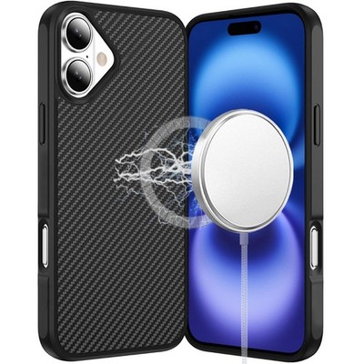 For iPhone 17 Case Carbon Fiber Print Hidden Magnetic Circle + Tempered Glass