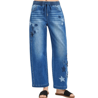 Blue Star-Embroidered Wide Leg Women s Jeans Sz [4/6]