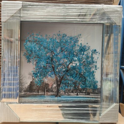 Silber Blüte Baum Bild im Spiegelrahmen Glitzer 3D Wandbild Bild 55x55