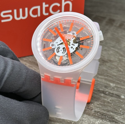 NEW SKELETON  Swatch Big Bold ORANGEINJELLY Transparent Men's Watch SO27E102