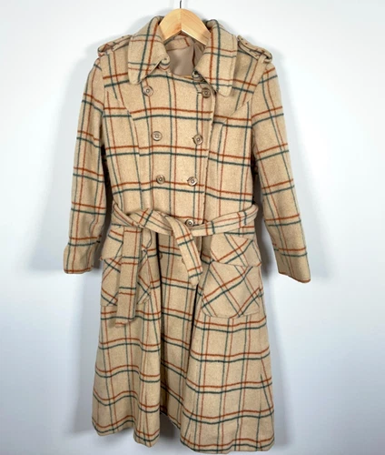 70s Wool Belted Trench Coat Women's Small Beige Check Pattern Double Breasted