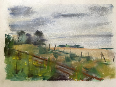 Franz Ehmke 1928 - 2018 Berlin Pastel Field View Rails Tracks Fence
