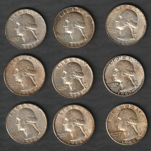 US Washington Silver Quarters 1961–1964 AU/BU 90% Silver Lot of 9