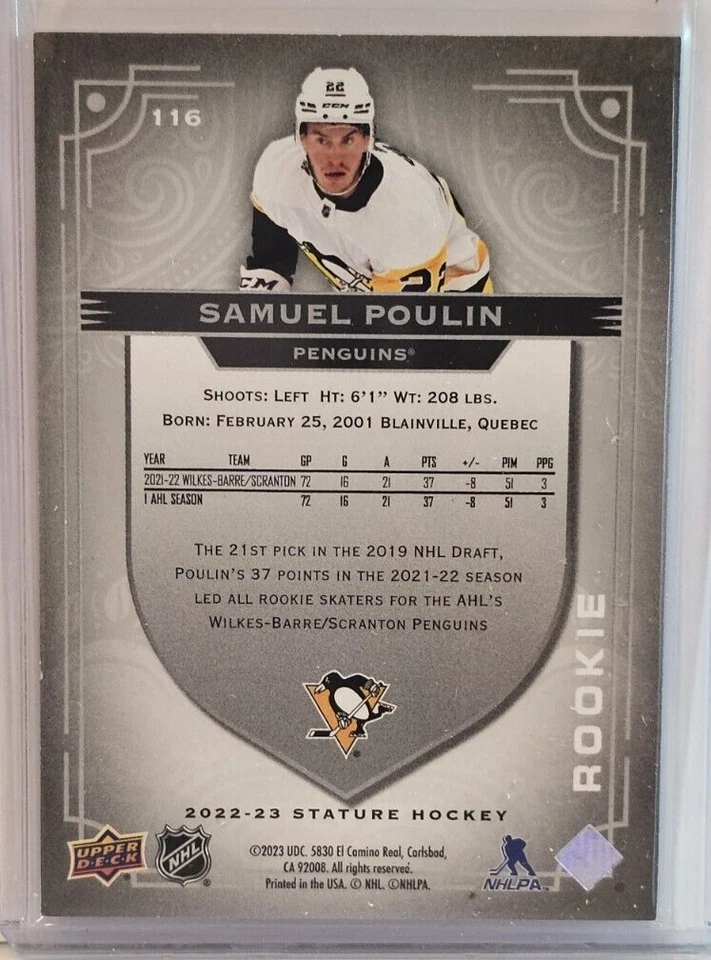 2022-23 Upper Deck Stature Samuel Poulin Photo Variant Rookie RC #43/99 - Image 2 of 2