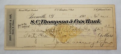 ANTIQUE ~ S.C. Thompson & Co.'s Bank - 12/11/1900 $43.33 - John Cavanagh & Sons