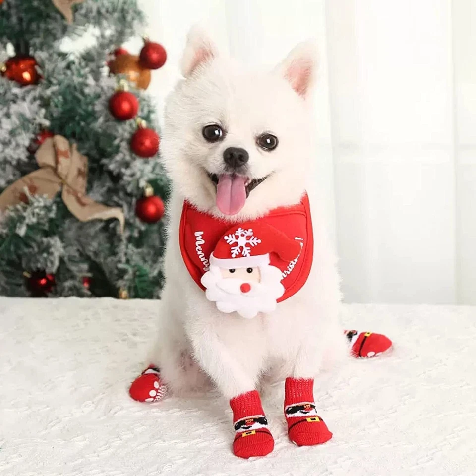 4 PIEZAS Calcetines de Navidad Tejidos para Perros Antideslizantes Calcetines para Mascotas para Uso en Interior Protectores de Patas Foto 3 de 4