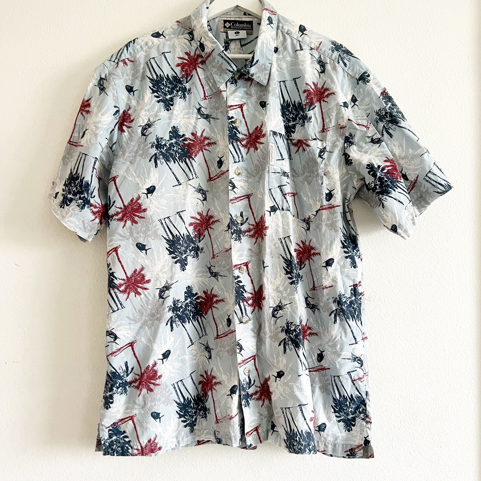 Columbia Sportswear Mens Blue Swordfish Fish Short Sleeve Button Shirt