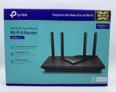 AX1800 WiFi 6 Router (Archer AX21). Dual-band, Gigabit, Easy Mesh, Alexa.