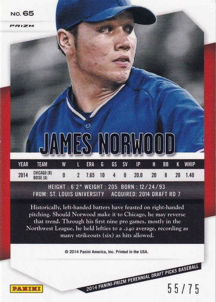 James Norwood 2014 Panini Prizm Perennial Draft Picks Prizms Blue Mojo Card #65 - Image 2 of 4