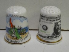 2 VINTAGE PORCELAIN THIMBLES - BIRCHCROFT 500TH ANNIVERSARY COLUMBUS AMERICAN $1