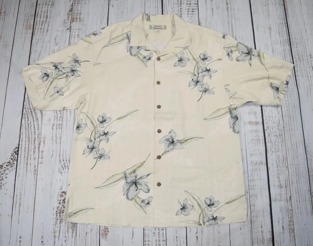 TOMMY BAHAMA MENS L IVORY W/ BLUE HIBISCUS SILK SHORT SLEEVE HAWAIIAN SHIRT VTG