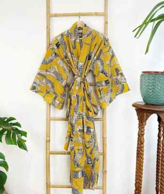 1 PC Indian block Print 100% cotton robe gown Hippie women maxi kimono dresses