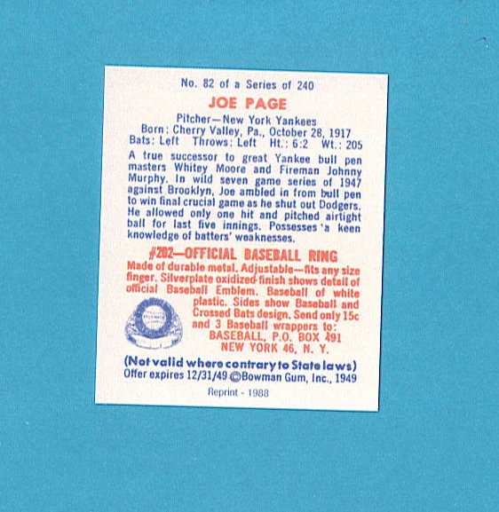 1949 Bowman Reprint #82 Joe Page Card - New York Yankees - Image 2 of 2