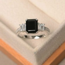 Engagement Ring 3Ct Emerald Cut Lab Created Black Diamond 14K White Gold Plated