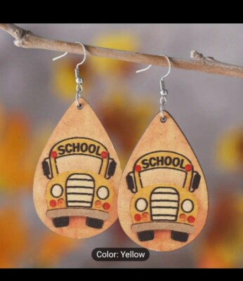 Wood Teardrop School Bus Dangle Earrings 